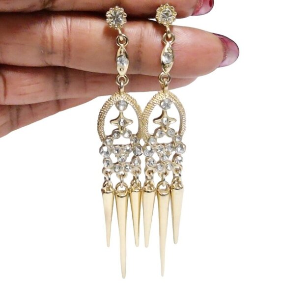 Dangle Earrings Gold Tone Metal Rhinestones Spiky Drop Chandelier Style 3.5" L - Picture 2 of 8